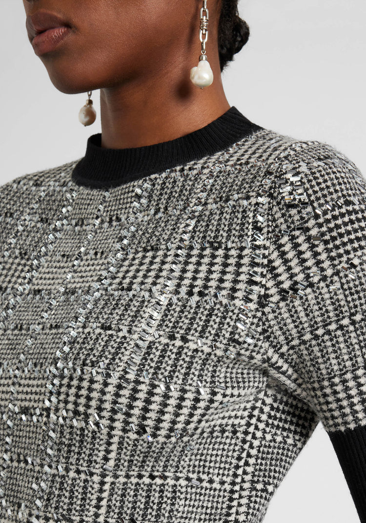 Maglia a mezza manica in misto lana con jaquard pied de poule e cristalli