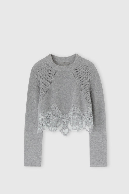Pull court en pur cachemire avec incrustation de dentelle rebrodée