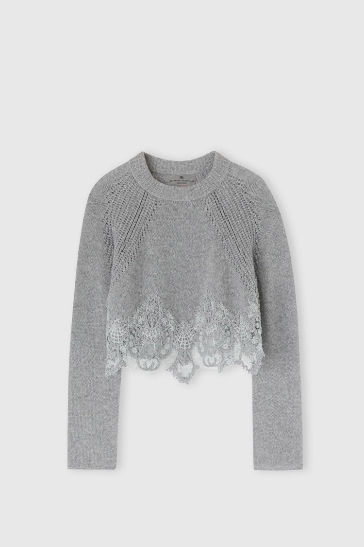 Cropped sweater in pure cashmere with rebrode lace inlay