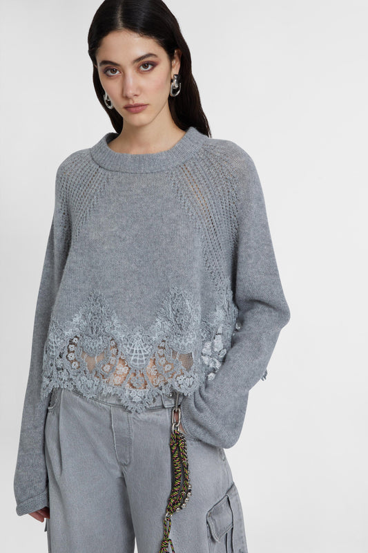 Cropped sweater in pure cashmere with rebrode lace inlay