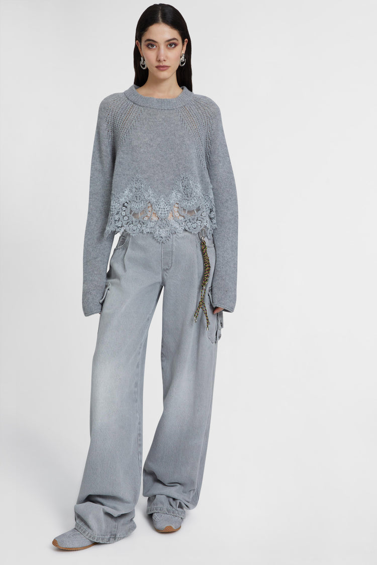 Cropped sweater in pure cashmere with rebrode lace inlay