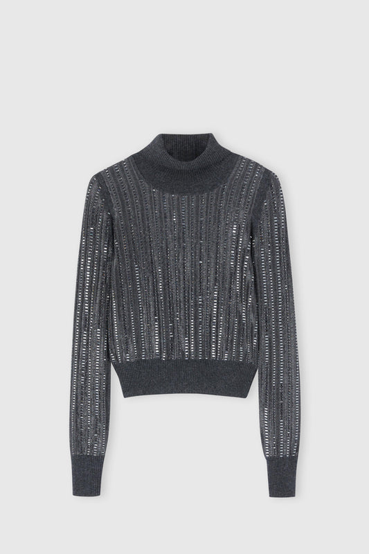 Pull en mélange de laine et cachemire orné de cristaux baguette appliqués à la main