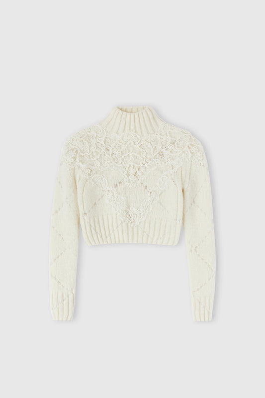 Pull court en mélange d'alpaga et de laine mérinos, avec motif losanges et application de dentelle rebrodée