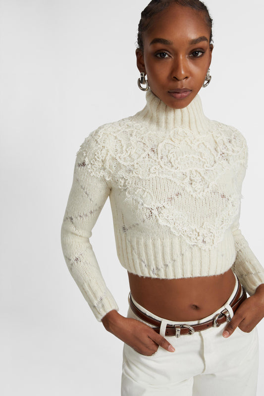 Cropped sweater in alpaca and merino wool blend with diamond pattern and rebrode lace application