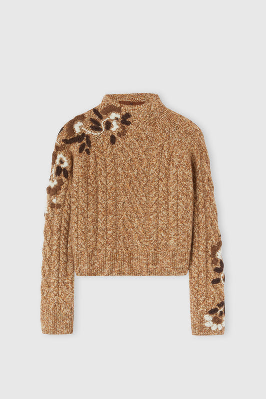 Maglia in puro cashmere con trecce e ricami floreali tridimensionali realizzati a mano