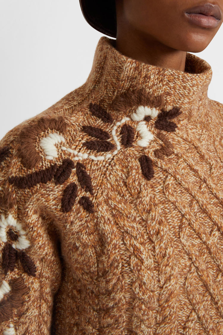 Pure cashmere sweater with braids and three-dimensional floral embroidery made by hand