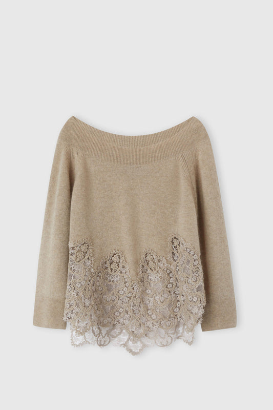 Pull en pur cachemire à large encolure et dentelle rebrodée