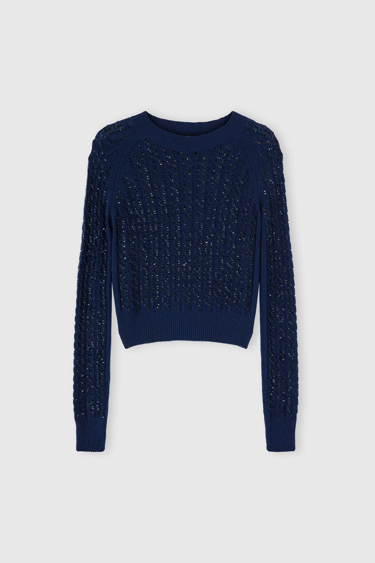 Long-sleeve sweater in virgin wool and cashmere blend with cables and crystals