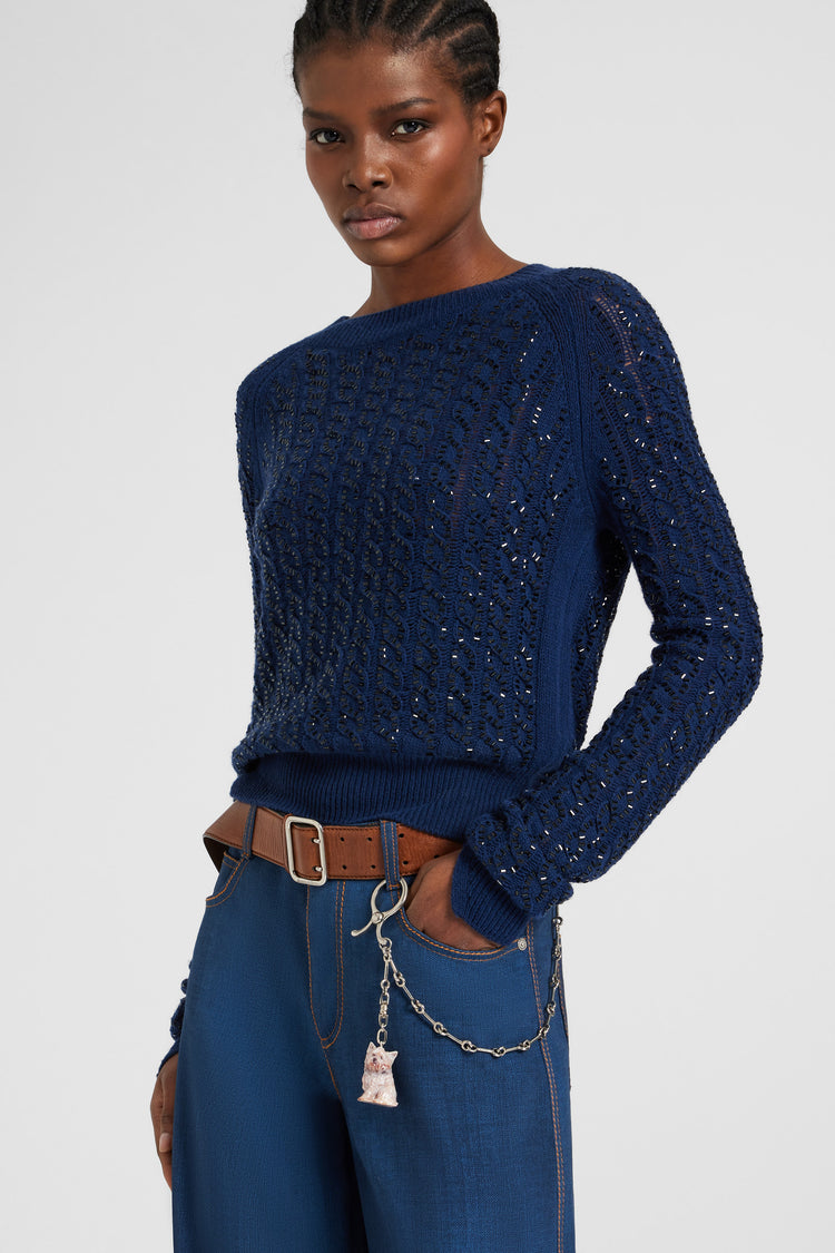 Long-sleeve sweater in virgin wool and cashmere blend with cables and crystals