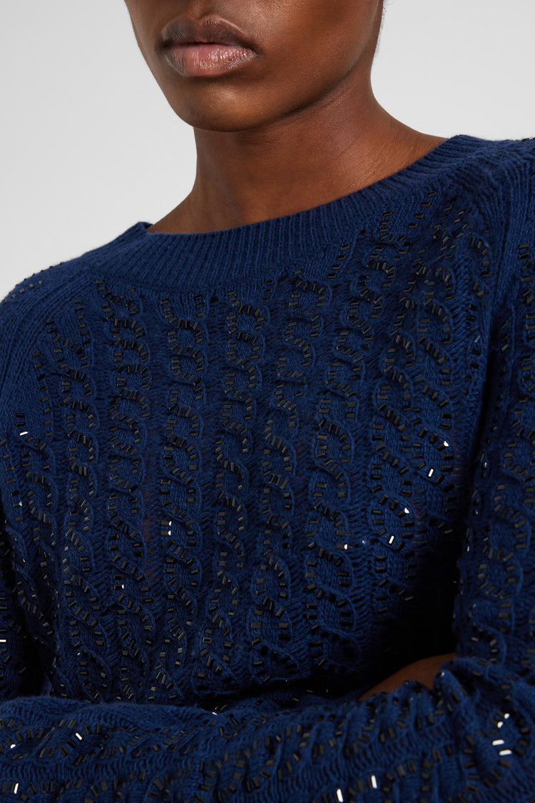 Long-sleeve sweater in virgin wool and cashmere blend with cables and crystals