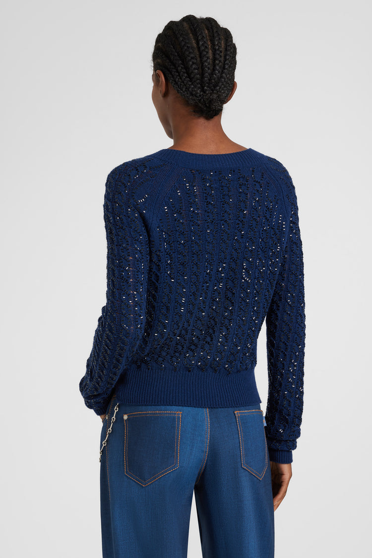 Long-sleeve sweater in virgin wool and cashmere blend with cables and crystals
