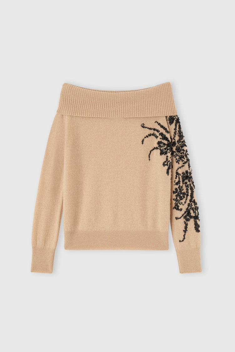 Maglione in puro cashmere con iris ricamato a mano e cristalli