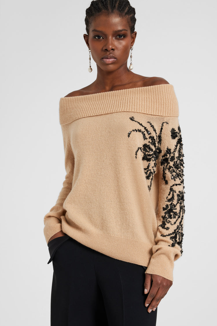 Maglione in puro cashmere con iris ricamato a mano e cristalli