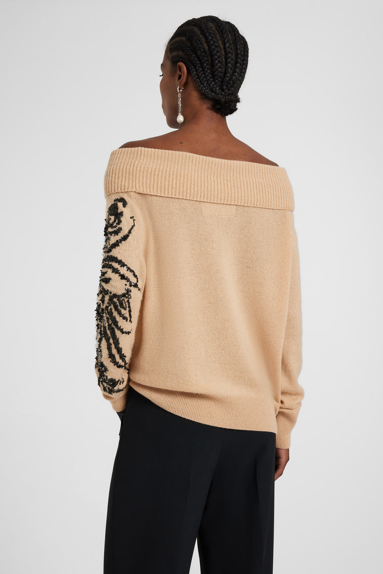 Maglione in puro cashmere con iris ricamato a mano e cristalli