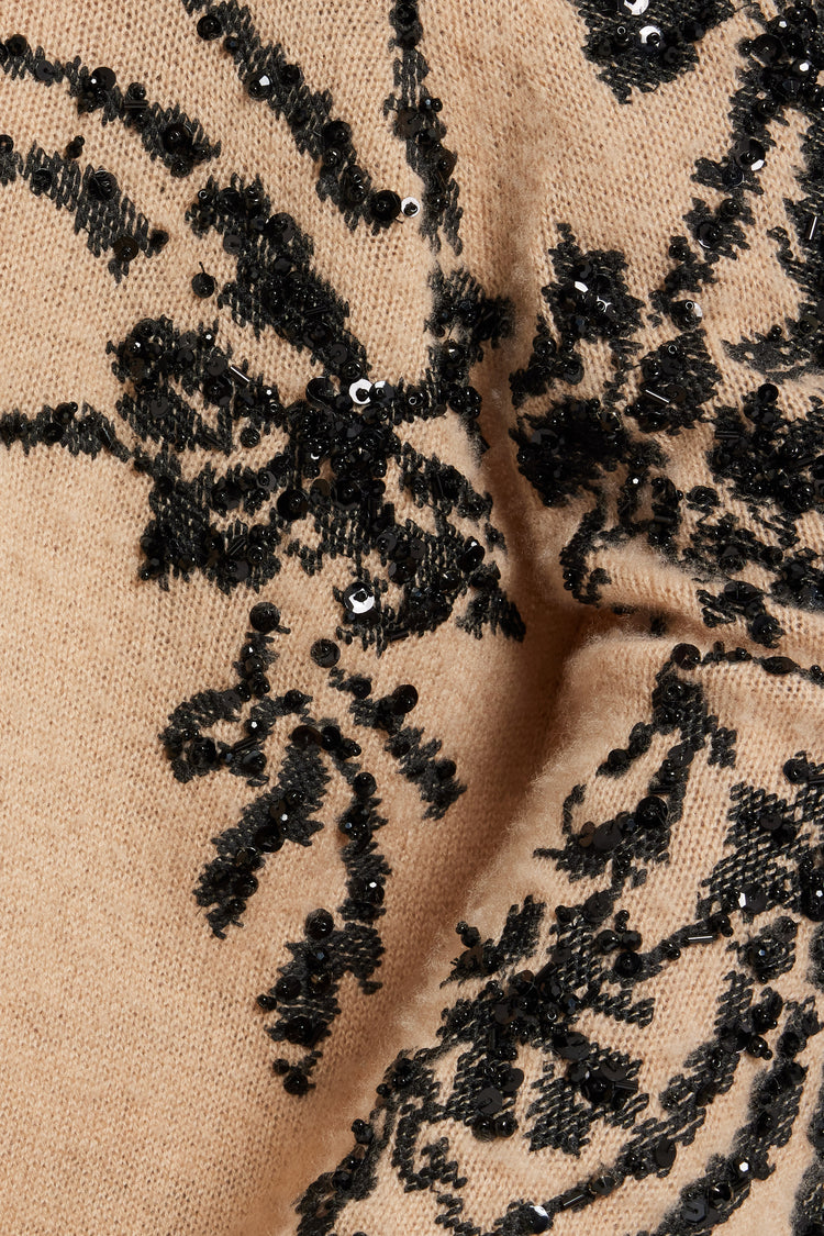 Maglione in puro cashmere con iris ricamato a mano e cristalli