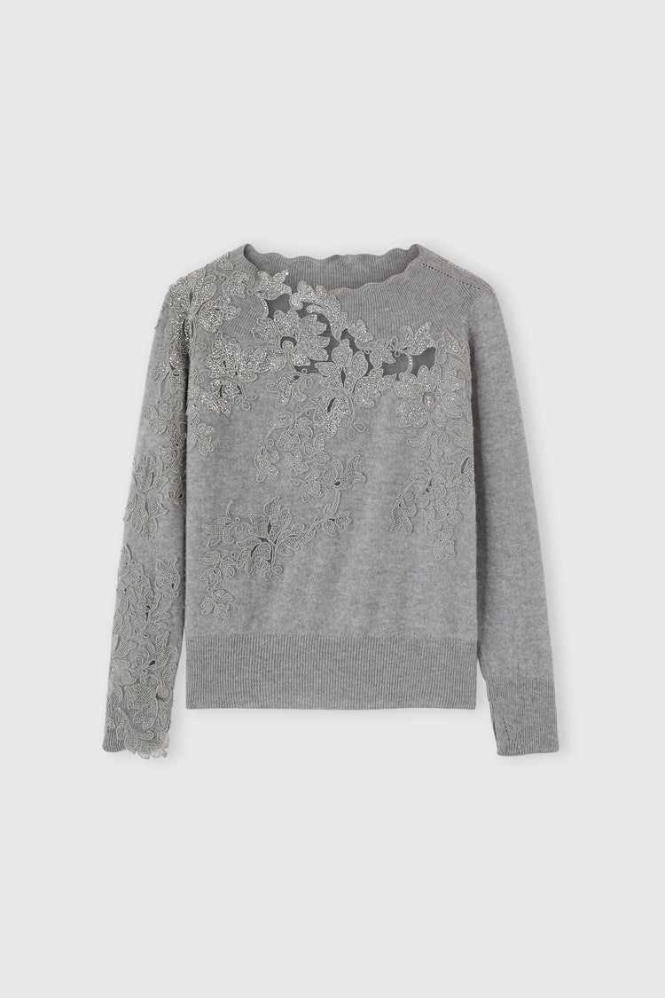 Maglia in cashmere con pizzo piccolo punto e cristalli