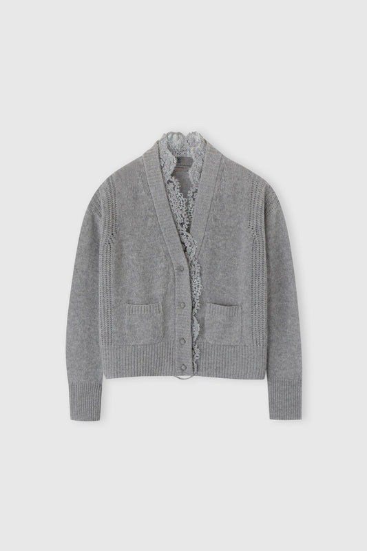 Pure cashmere cardigan with rebrode lace and V-neck