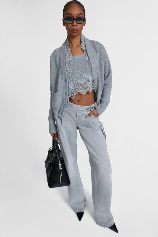 Pure cashmere cardigan with rebrode lace and V-neck