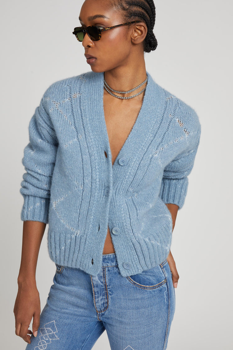 Cardigan en mélange d'alpaga et de mérinos avec motif losanges et logo en microcristaux