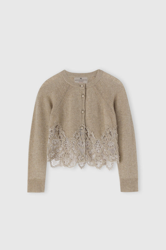 Cropped cardigan in pure cashmere with mandarin collar and rebrode lace