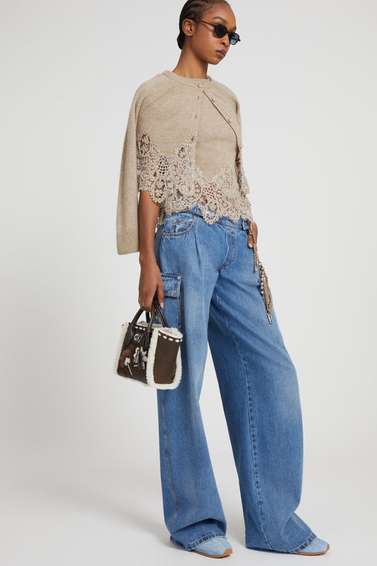 Cropped cardigan in pure cashmere with mandarin collar and rebrode lace