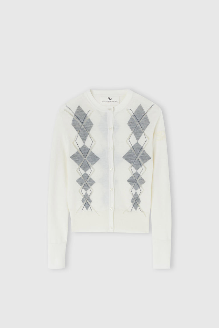 Virgin wool blend cardigan with argyle motif with a devoured effect