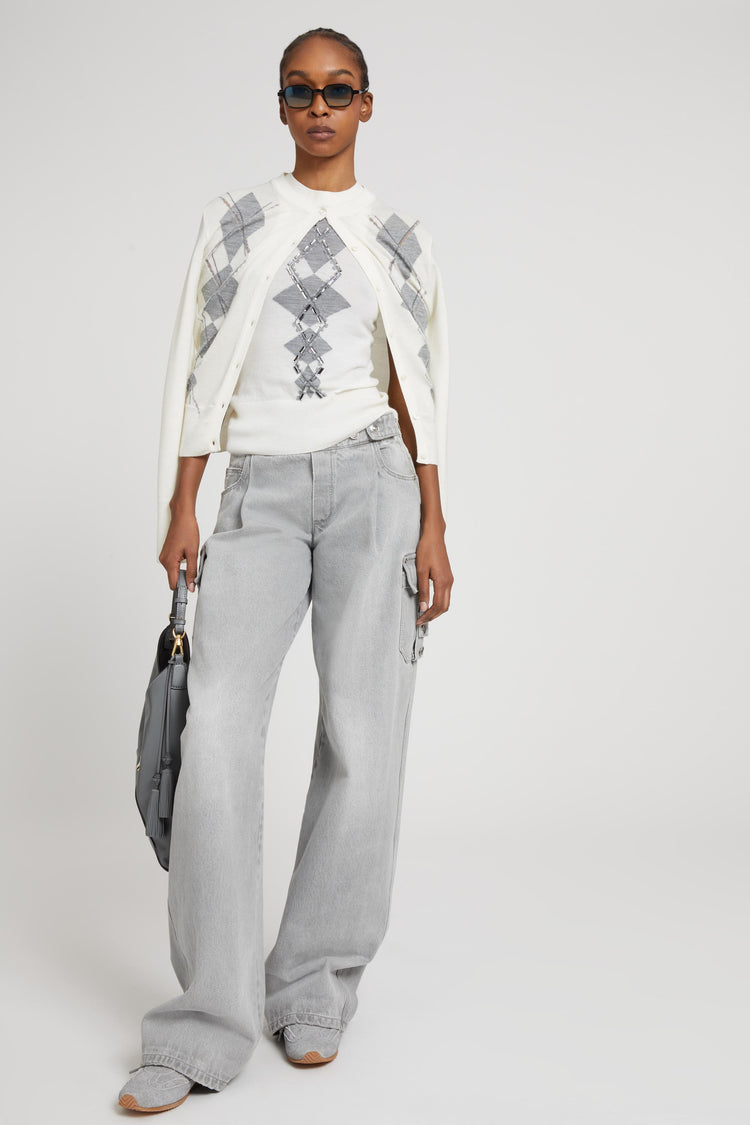 Virgin wool blend cardigan with argyle motif with a devoured effect