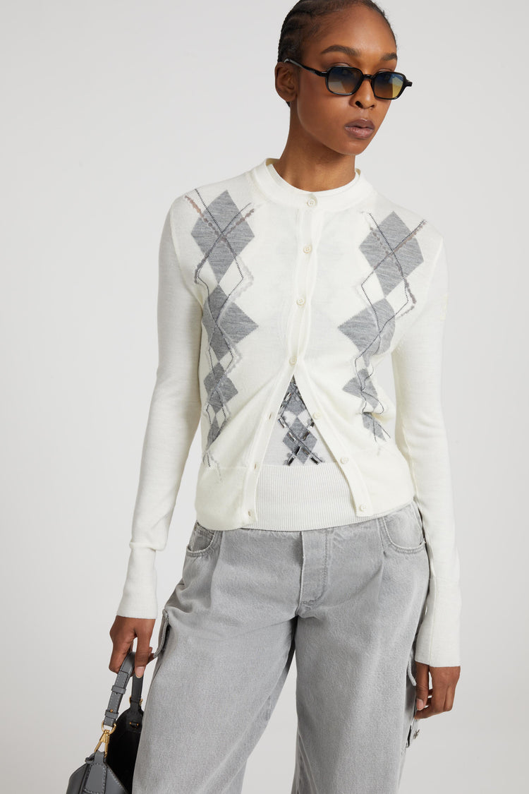 Virgin wool blend cardigan with argyle motif with a devoured effect