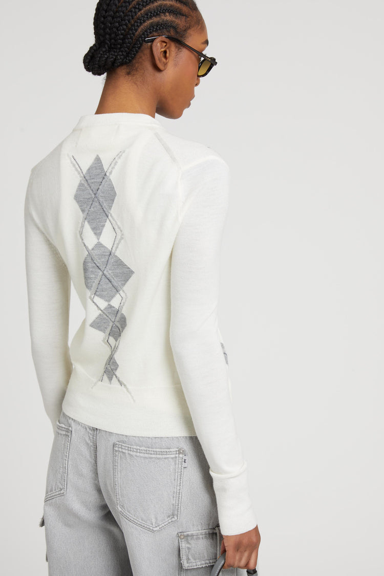 Virgin wool blend cardigan with argyle motif with a devoured effect