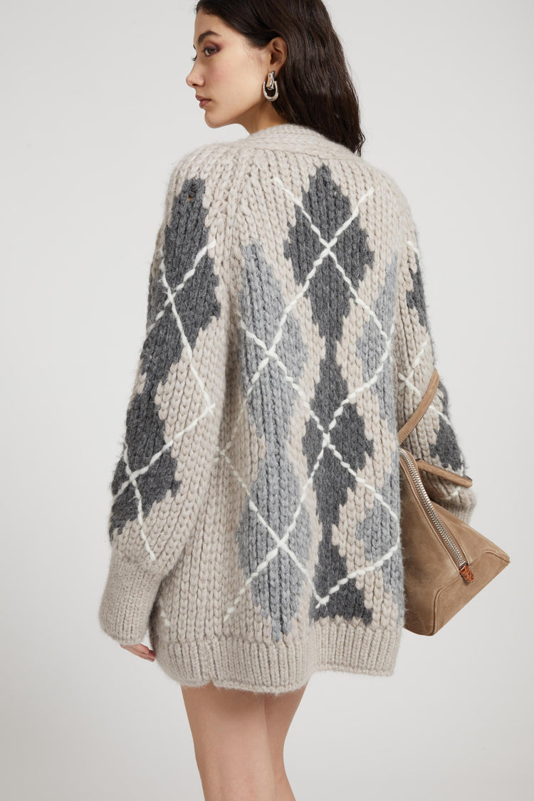 Alpaca, mohair and cashmere blend cardigan with argyle motif