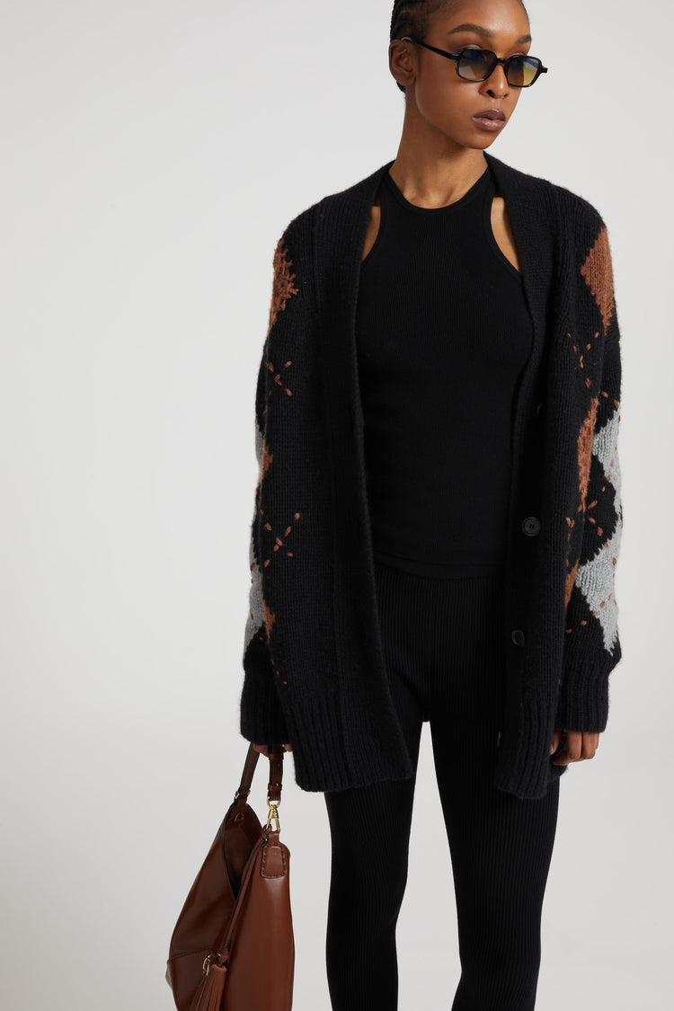 Cashmere cardigan with argyle motif in contrasting shades