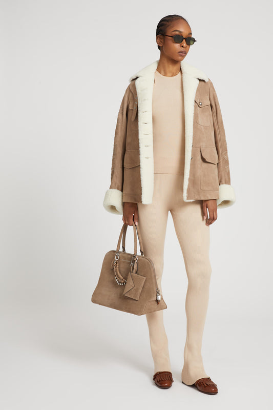 Nude viscose blend leggings with vertical rib pattern