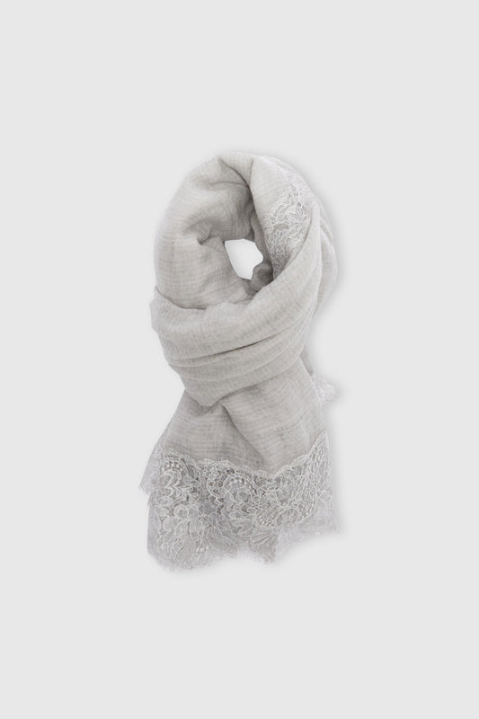 Cashmere scarf in melange grey with Chantilly lace trim