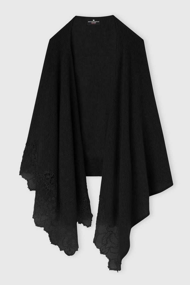 Black cashmere stole with wool rebrodé lace edge
