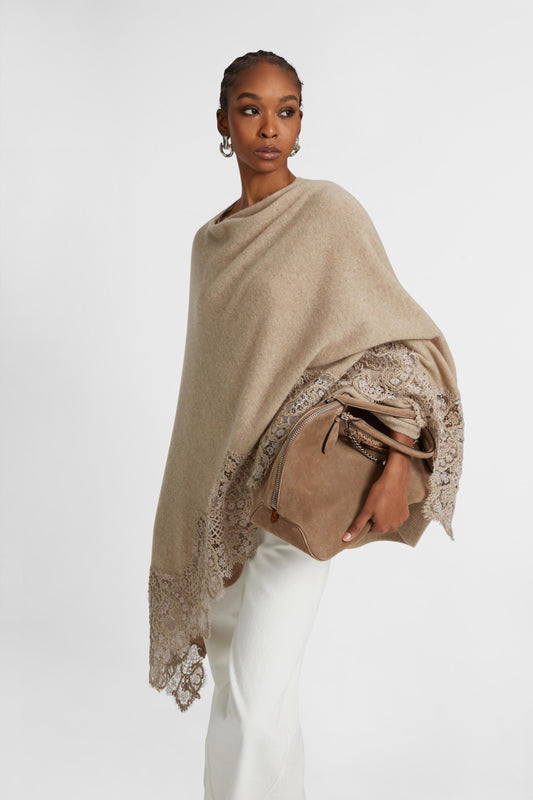 Dove grey melange cashmere stole with wool rebrode lace border