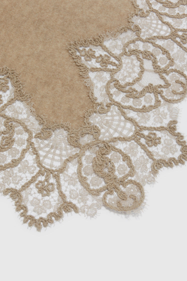 Dove grey melange cashmere stole with wool rebrode lace border