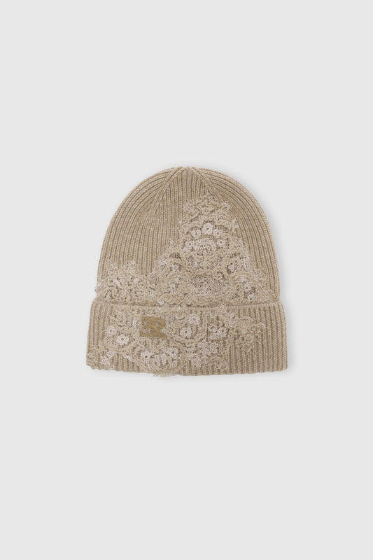 Pure cashmere hat with embroidered logo and rebrode lace