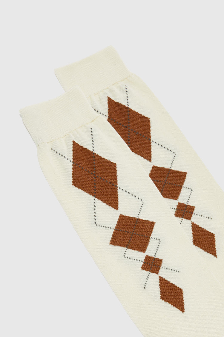 Cotton sock with argyle pattern in leather on a white background