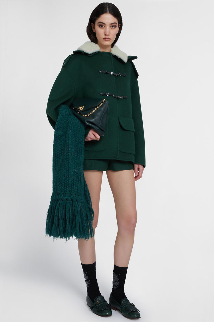 Pure virgin wool coat with real shearling collar and large hood