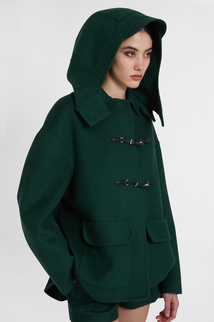 Pure virgin wool coat with real shearling collar and large hood