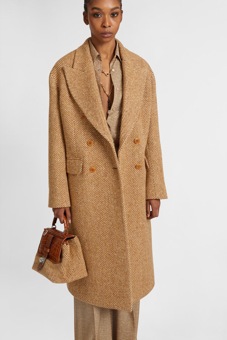 Double-breasted midi coat in virgin wool and silk with herringbone pattern