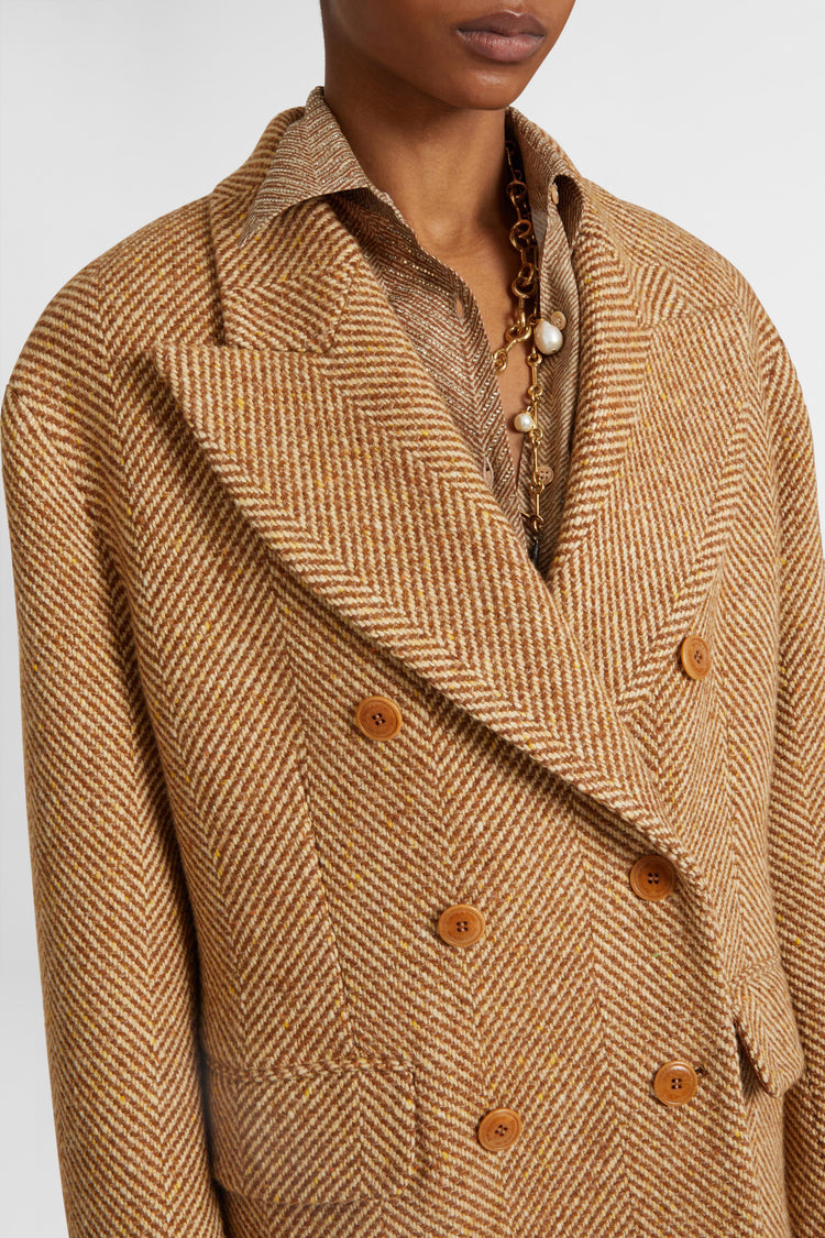 Double-breasted midi coat in virgin wool and silk with herringbone pattern