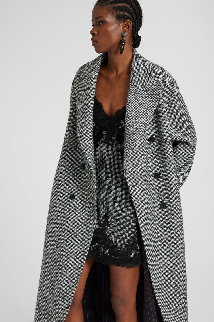 Oversize double-breasted coat in jacquard houndstooth wool blend