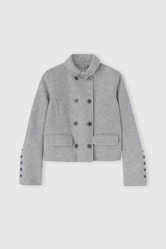 Short double-breasted coat in virgin wool blend with adjustable collar