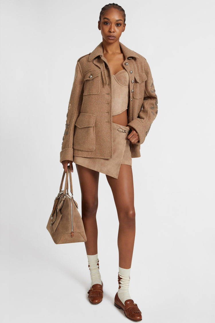 Wool blend coat with raised floral embroidery