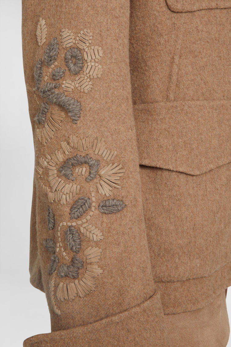 Wool blend coat with raised floral embroidery