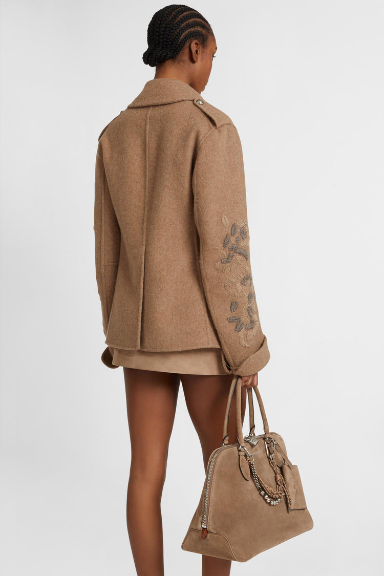 Wool blend coat with raised floral embroidery