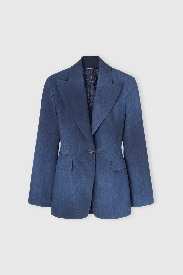 Single-breasted jacket in exclusive denim-print marocain