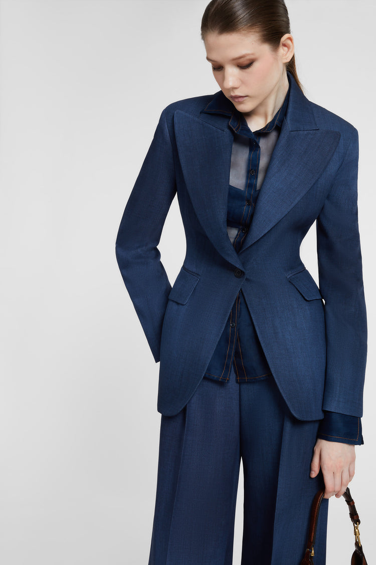 Single-breasted jacket in exclusive denim-print marocain