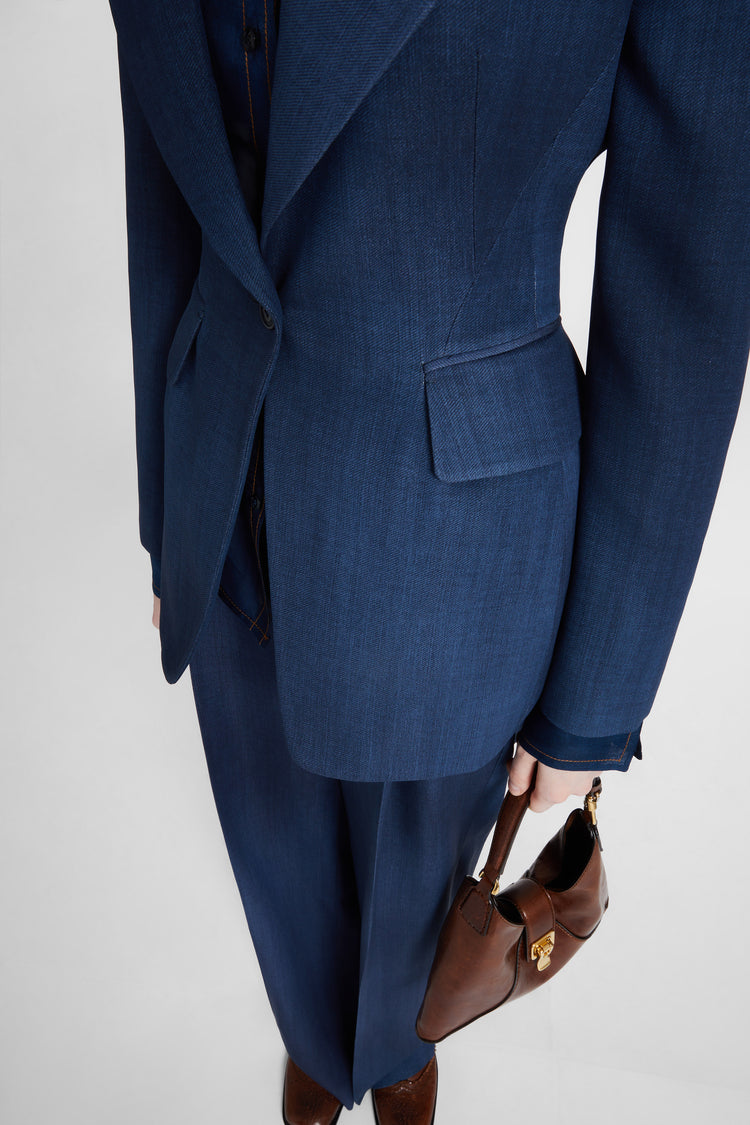 Single-breasted jacket in exclusive denim-print marocain